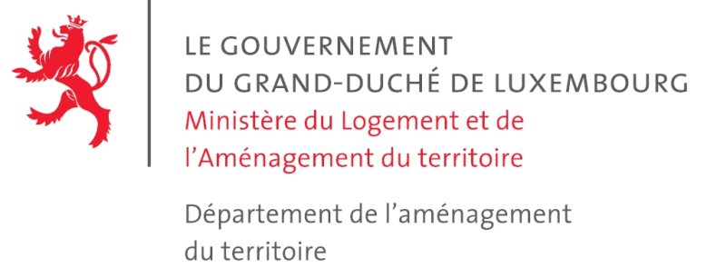 Logo der Regierung des Großherzogtums Luxemburg mit rotem Löwen und dem Text ‚Ministère du Logement et de l’Aménagement du territoire – Département de l’aménagement du territoire